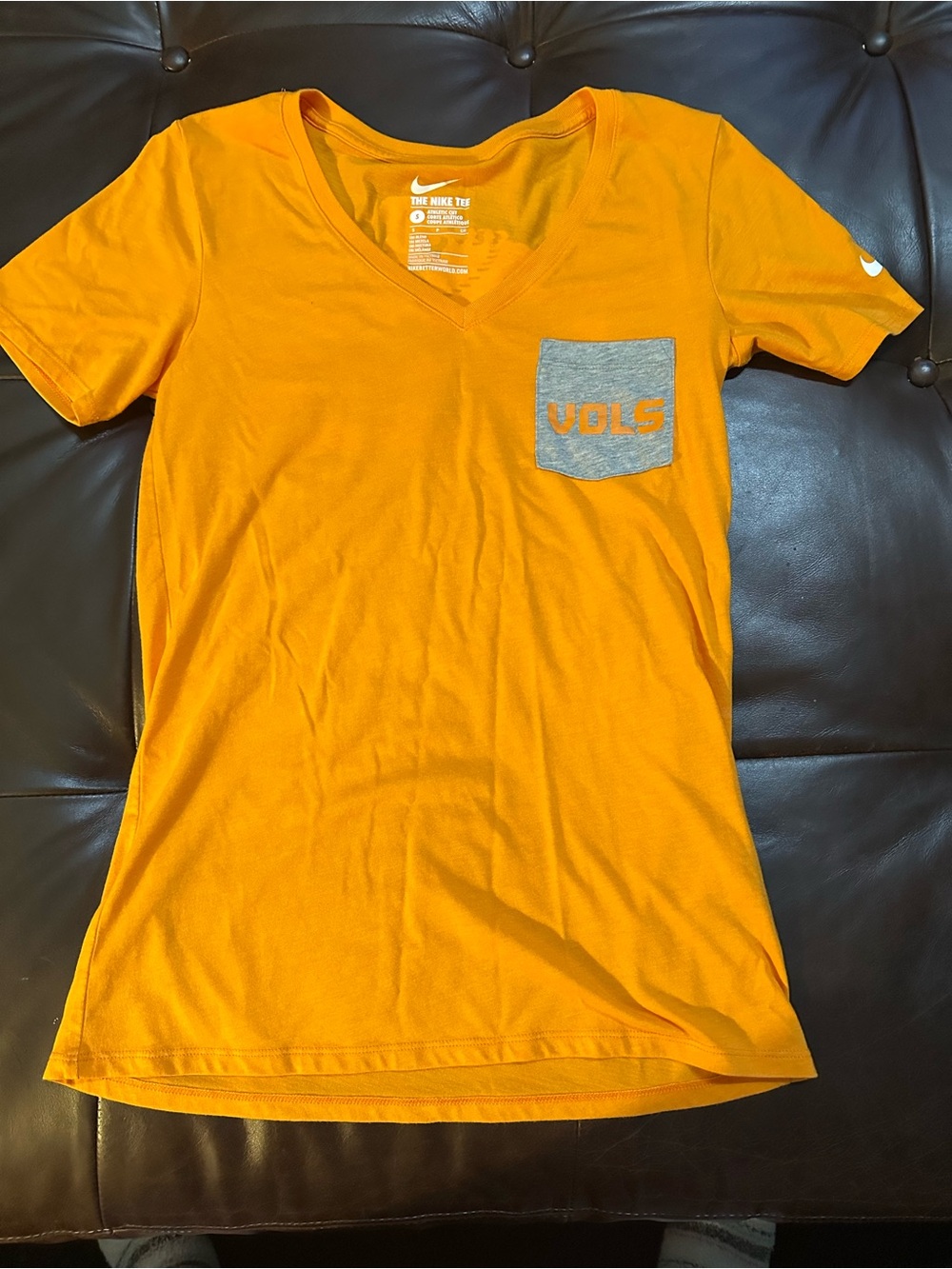 Nike Orange V-Neck Tee with Gray Pocket and VOLS Accent